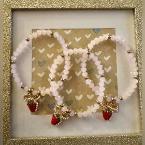 Gold-tone 3pc Bracelet w/Pink Beads & Strawberry Bow Charm